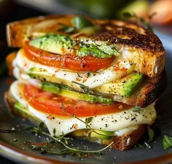 Avocado, Mozzarella, and Tomato Grilled Cheese sandwich on a wooden board.