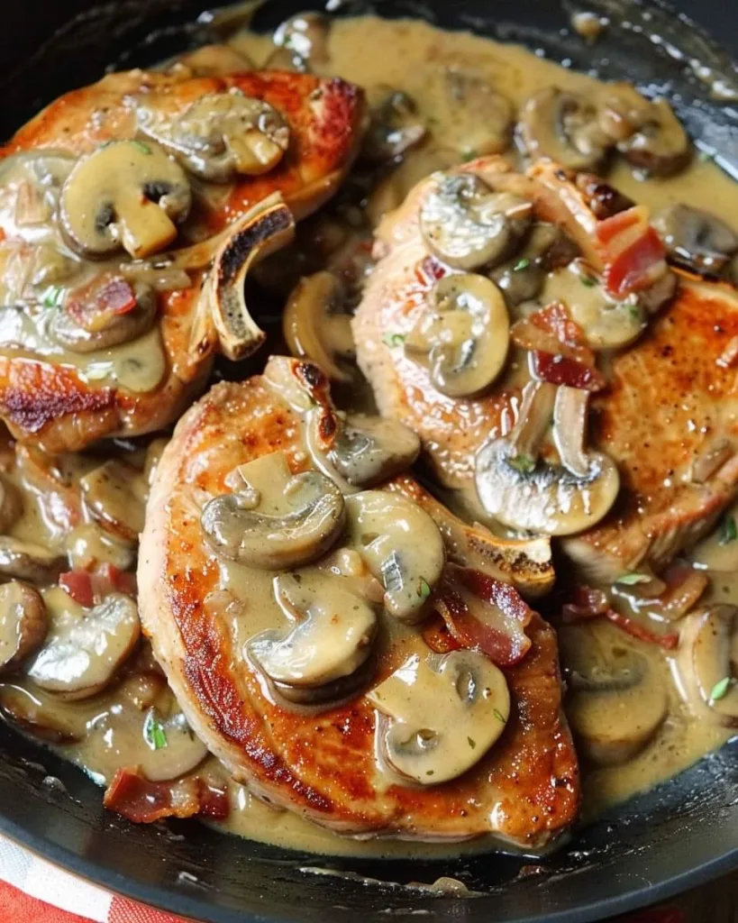 "Bacon Mushroom Pork Chops: Juicy pork chops topped with a savory bacon and mushroom sauce, garnished with fresh parsley"