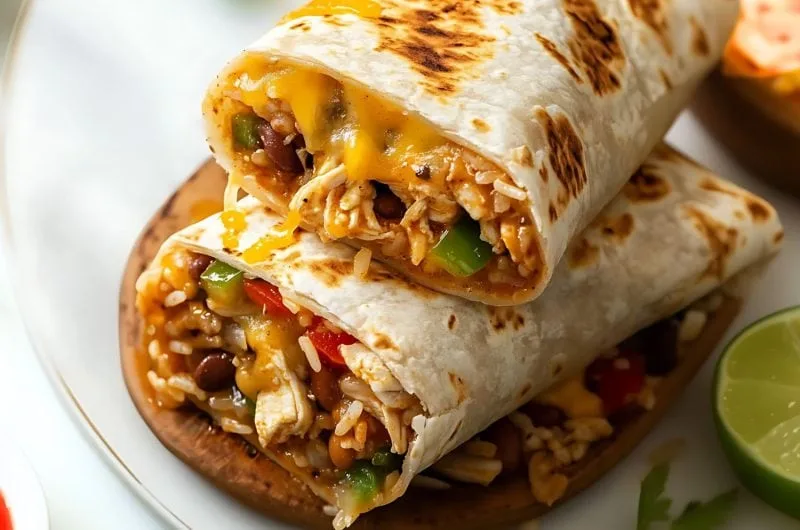 "Slow Cooker Chicken Burritos with toppings like cheese, sour cream, and guacamole."